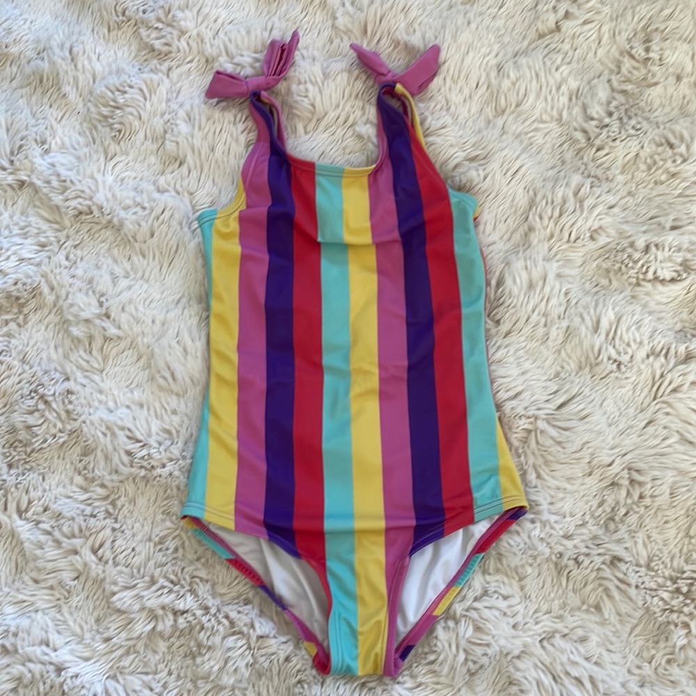 Hanna Andersson girls bathing suit striped rainbow US6-7